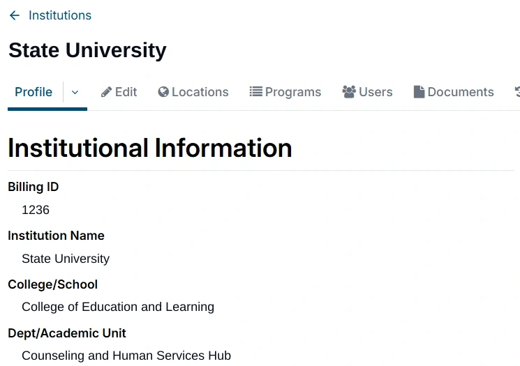 EDvera institution profile with illustrative demo labels, showing institutional information and navigation to related records