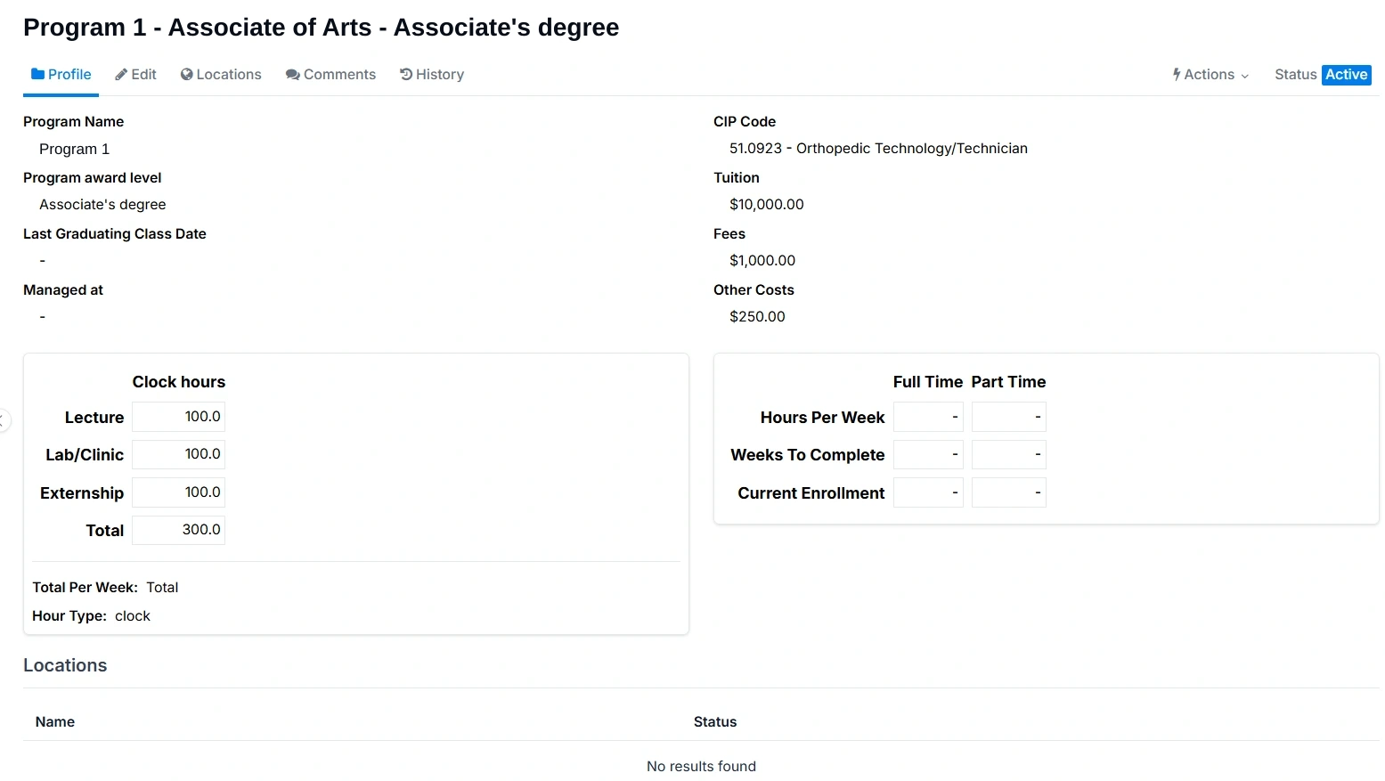EDvera program profile with illustrative demo labels showing award level, CIP code, tuition, fees and instructional hours